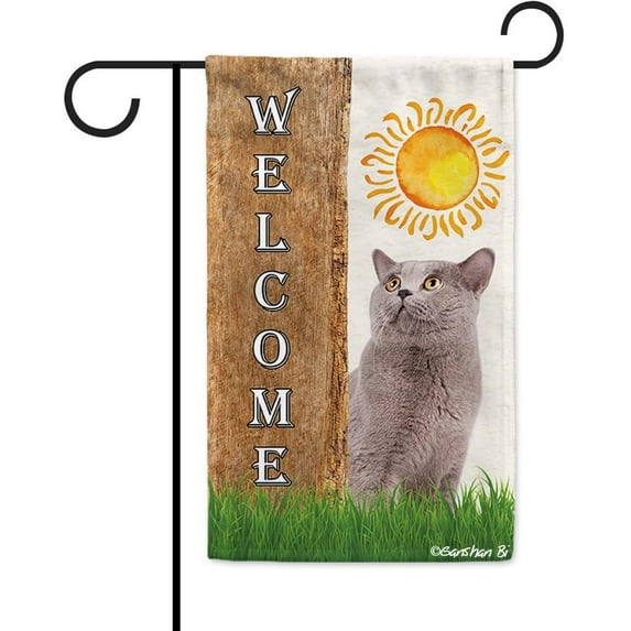 British Shorthaired Cat Spring Summer Welcome Garden Flag Dog Hides Behind a Tree Sun Outside Yard Decor Flag Banner 12.5X18 Inch Double Side Style 2