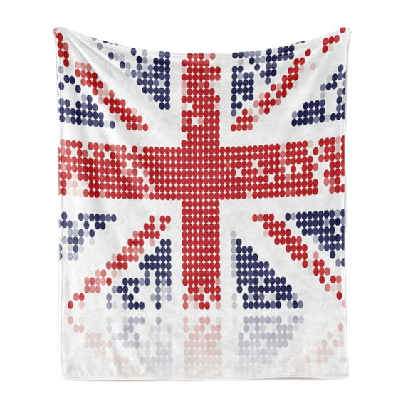 British Soft Flannel Fleece Blanket, Grunge United Kingdom Flag with Dot Circle Effects National English Display, Cozy Plush for Indoor and Outdoor Use, 70" x 90", White Red Indigo, by Ambesonne