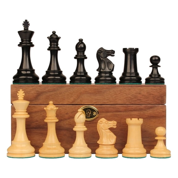 British Staunton Chess Set Ebonized & Boxwood Pieces with Walnut Chess Box - 4" King