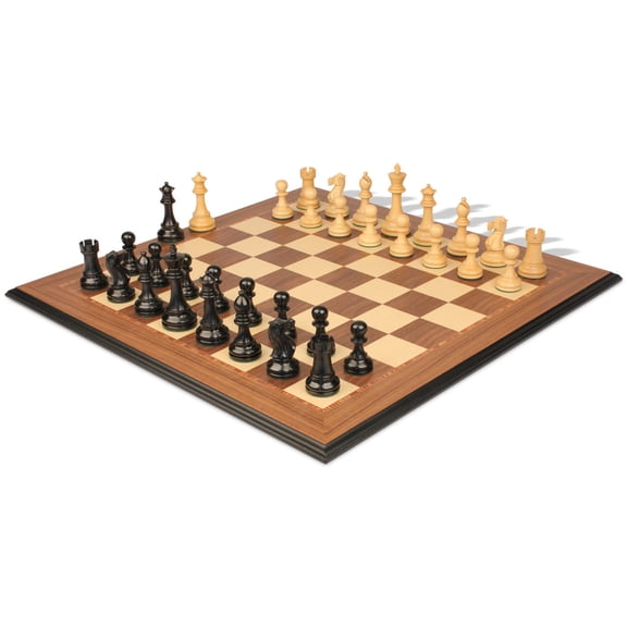 British Staunton Chess Set Ebony & Boxwood Pieces with Walnut & Maple Molded Edge Board - 3.5" King