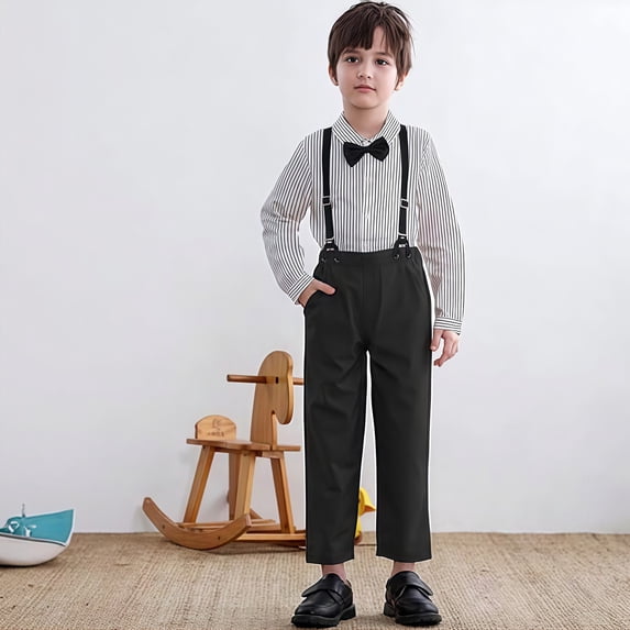 British Style Kids Suspenders Outfit, Boys Long Sleeve Shirt and Suspenders Pants Set, Toddler Two-Piece Formal Wear for Weddings and Events, Age 3M-6 Years Black 100
