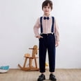 thumbnail image 1 of British Style Kids Suspenders Outfit, Boys Long Sleeve Shirt and Suspenders Pants Set, Toddler Two-Piece Formal Wear for Weddings and Events, Age 3M-6 Years Pink 80, 1 of 5