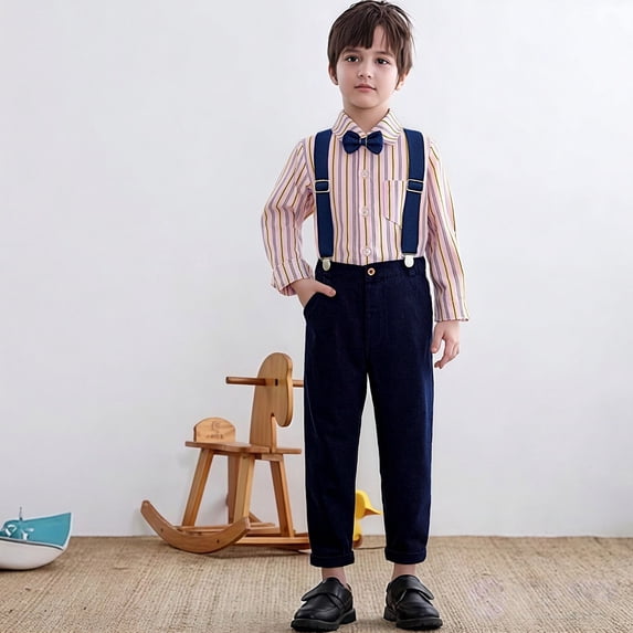 British Style Kids Suspenders Outfit, Boys Long Sleeve Shirt and Suspenders Pants Set, Toddler Two-Piece Formal Wear for Weddings and Events, Age 3M-6 Years Pink 80