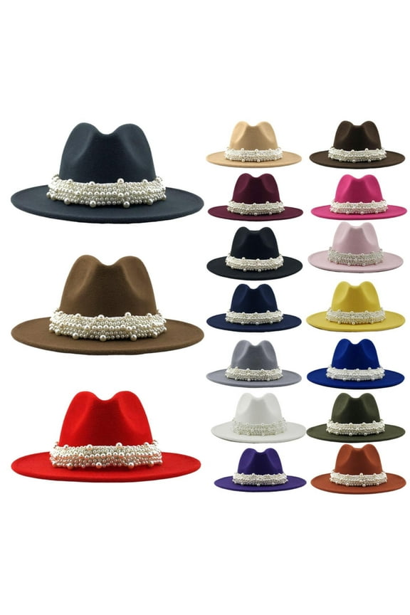 British Style Wool Fedora for Women Elegant Wide Brim Hat with Pearl Accent
