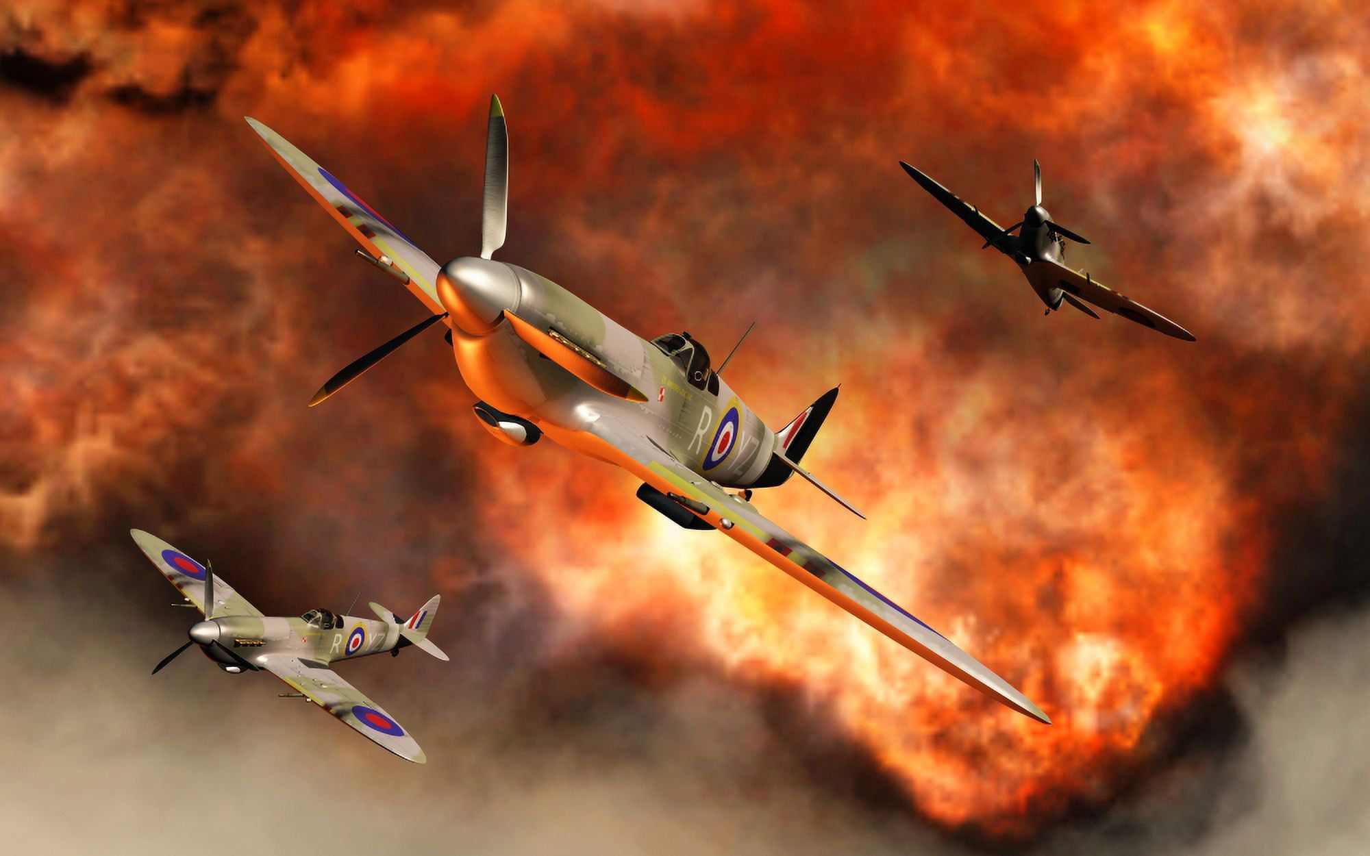British Supermarine Spitfires bursting through explosive flames Canvas Art - Mark StevensonStocktrek Images (36 x 23)
