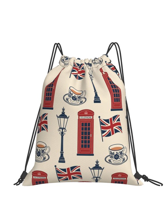 British Symbol Art Large Drawstring Backpack Casual Cinch Sack Bag Backpack for Sports Hiking Travel Gym