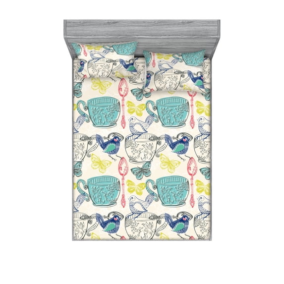 British Themed Fitted Sheet & Pillow Sham Set, Vintage English Vibe Floral Design Birds and Butterfly with Cups, Decorative Printed 3 Piece Bedding Decor, Queen, Seafoam Hot Pink Cream, by Ambesonne