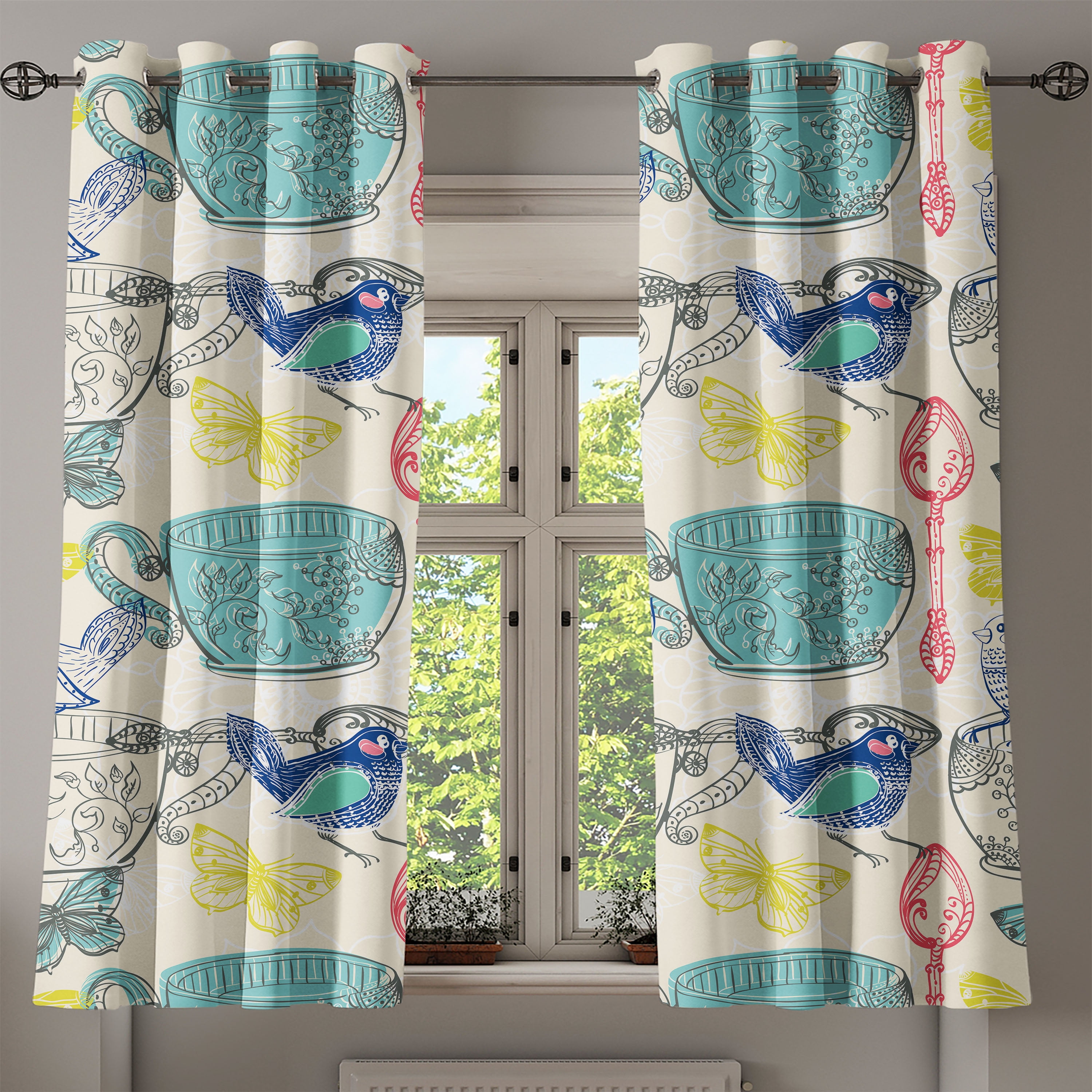 British Themed Grommet Curtain, Vintage English Vibe Floral Design Birds and Butterfly with Cups