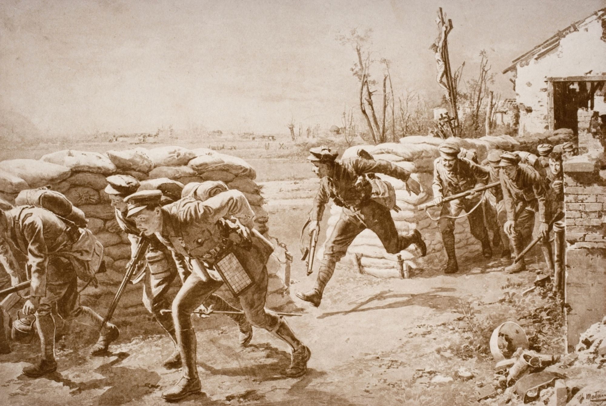 British Troops Taking A Chance And Making A Dash For It Crossing Space Controlled By Enemy Fire Canvas Art - Ken Welsh Design Pics (18 x 12)