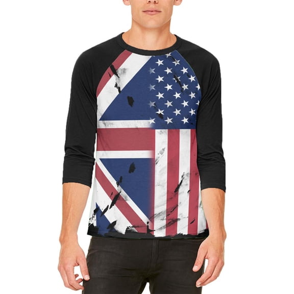 British UK American USA Flag Mens Raglan T Shirt White-Black SM
