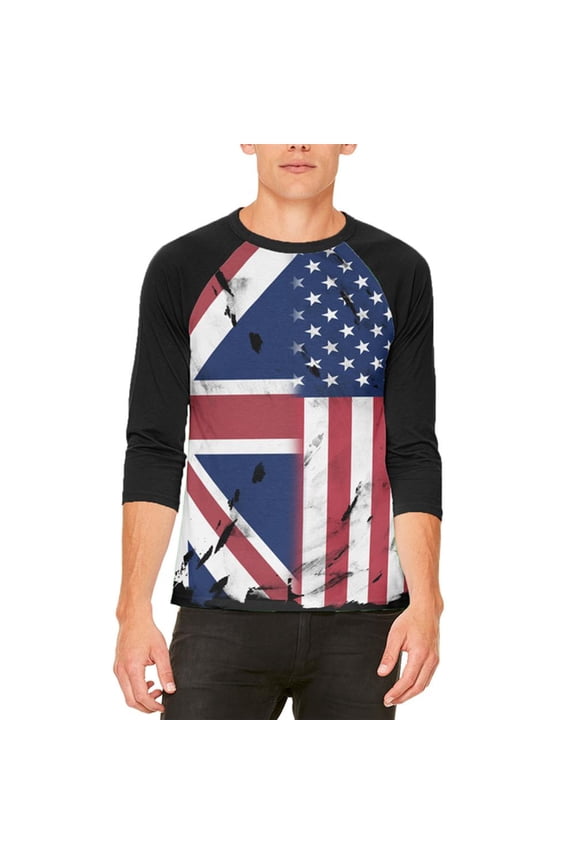 British UK American USA Flag Mens Raglan T Shirt White-Black SM