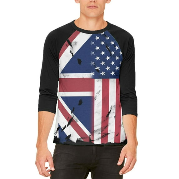 British UK American USA Flag Mens Raglan T Shirt White-Black X-LG