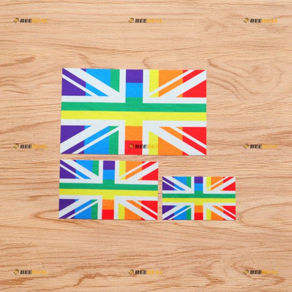 British UK Flag Union Jack LGBT Gay Pride Rainbow Vinyl Decal Sticker - 3 Pack Reflective, 3 Inches, 4 Inches, 6 Inches - for Car Boat Laptop Cup