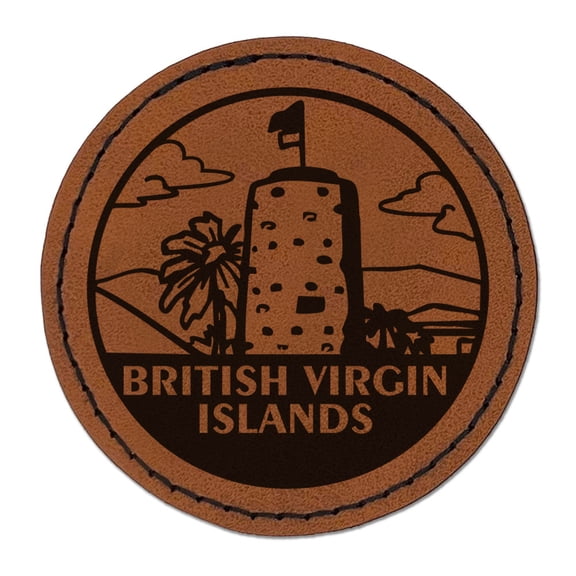 British Virgin Islands Blackbeards Castle Country Destination Travel Landmark Round Iron-On Engraved Faux Leather Patch Applique - 2.5 Inch - Brown