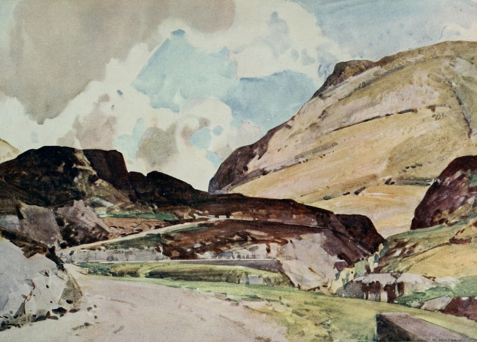 British Water-colour painting 1920 Pass of Glencoe Canvas Art - Harry Watson (18 x 24)