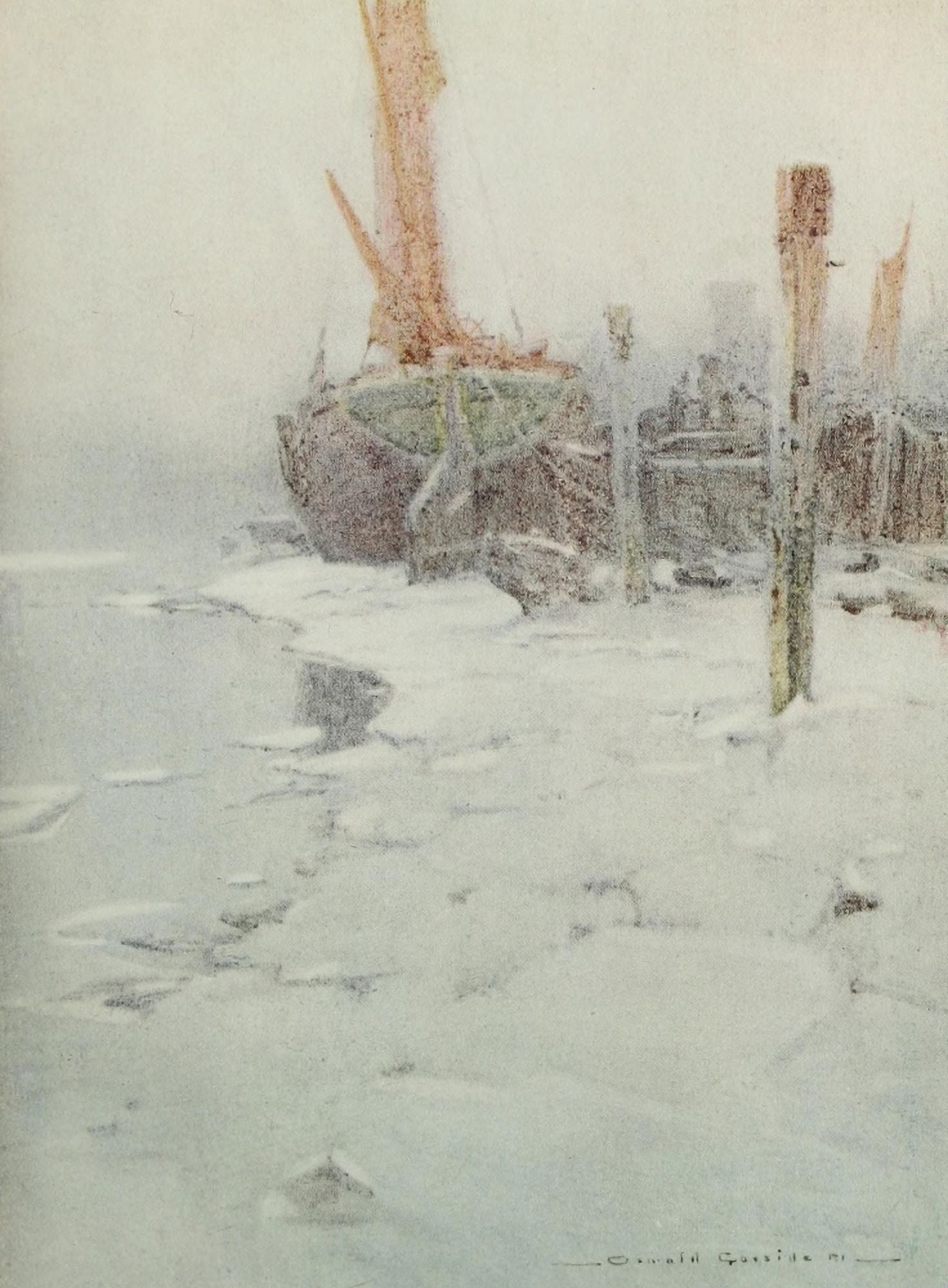 British Water-colour painting 1920 Thames barges Barnes Canvas Art - Oswald Garside (18 x 24)