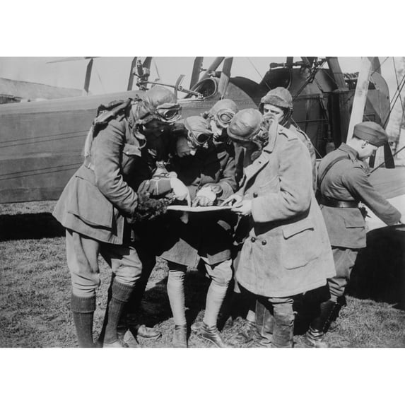 British Ww1 Flyers Consultation Prior To Taking To The Air. 1915-18. History (36 x 24)