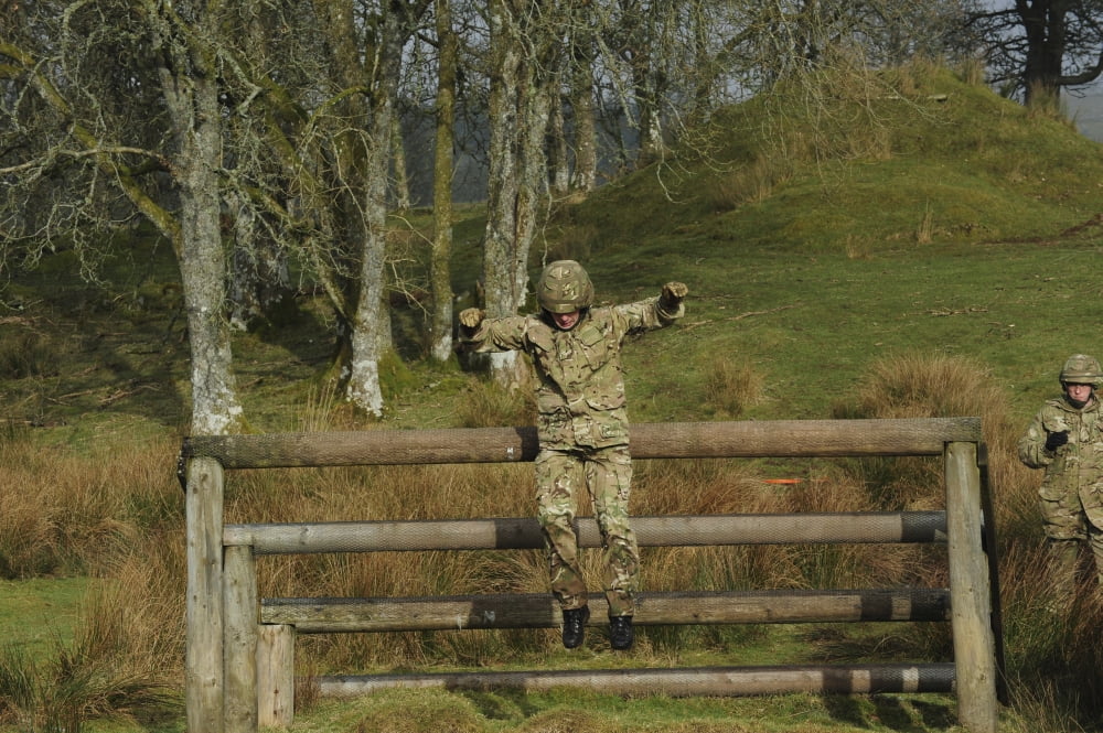 British soldiers perform basic training on the assault course at Sennybridge Training Area Canvas Art - Andrew ChittockStocktrek Images (18 x 12)