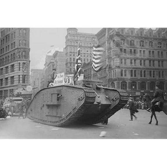 British tank sporting an American & American Flag tracks down Fifth Avenue, New York in parade with Police Mounted Escort Poster Print by unknown (24 x 36)