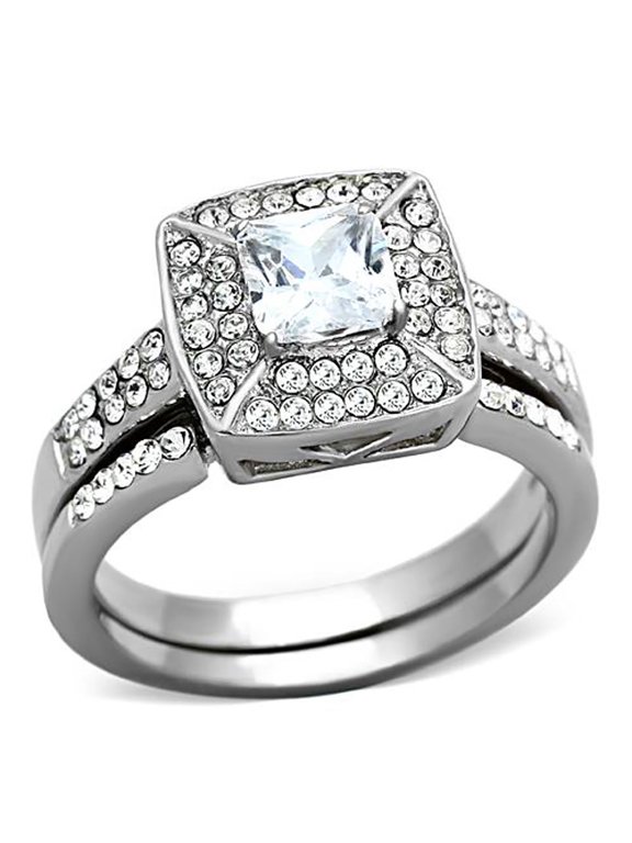 Britney Wedding Ring Set for Women Engagement Matching Band Stainless Cz Halo Ginger Lyne Size 5