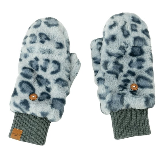 Britt’s Knits Snow Leopard Plush Winter Convertible Mittens Warm Gloves - Blue (Women's)