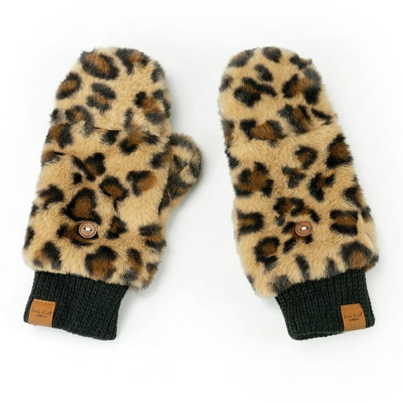 Britt’s Knits Snow Leopard Plush Winter Convertible Mittens Warm Gloves - Tan (Women's)