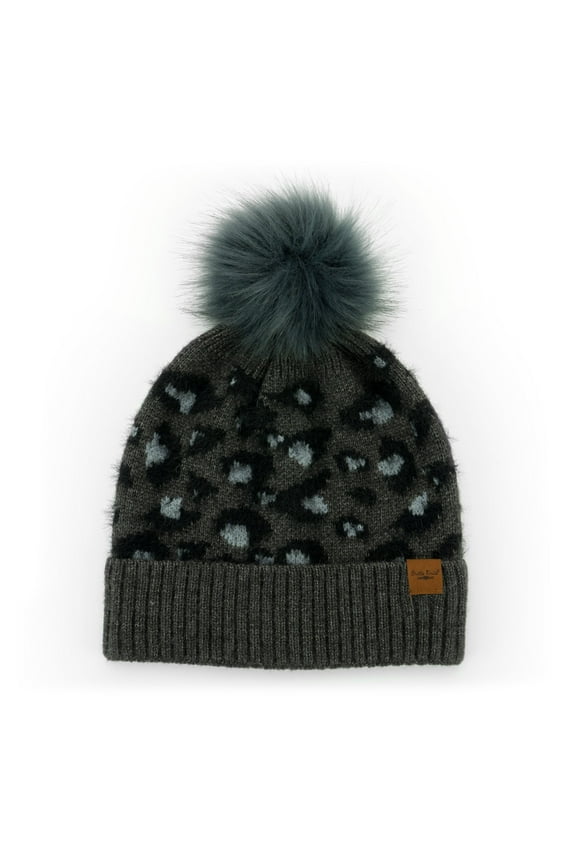 Snow Leopard Pom Hat Knitted Ribbed Cuff Cold Weather Warm Faux Fur Pom Hat - Black (Women's)