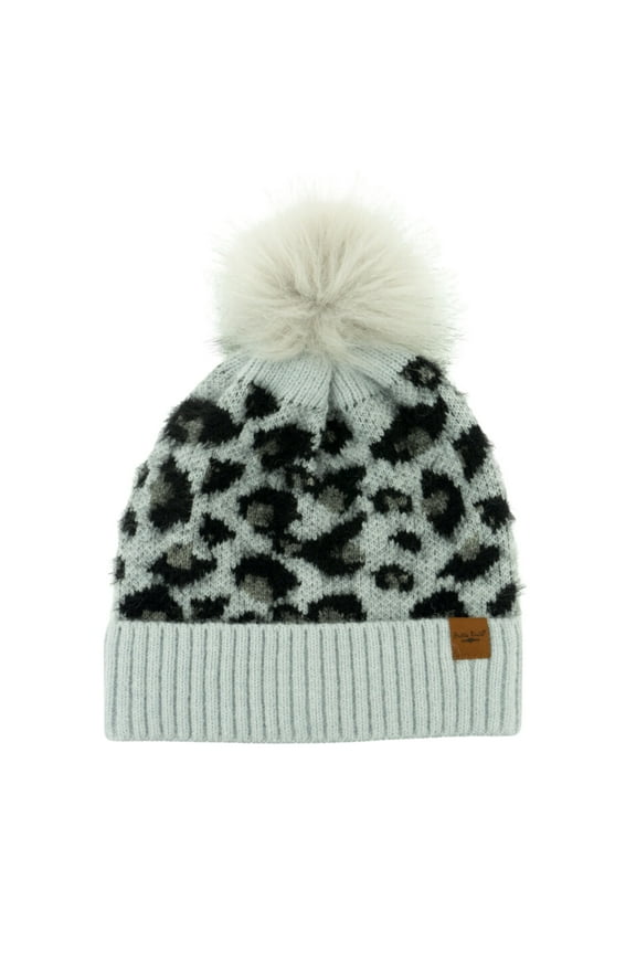 Snow Leopard Pom Hat Knitted Ribbed Cuff Cold Weather Warm Faux Fur Pom Hat - Gray (Women's)