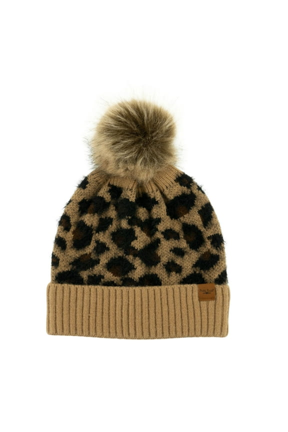 Snow Leopard Pom Hat Knitted Ribbed Cuff Cold Weather Warm Faux Fur Pom Hat - Tan (Women's)