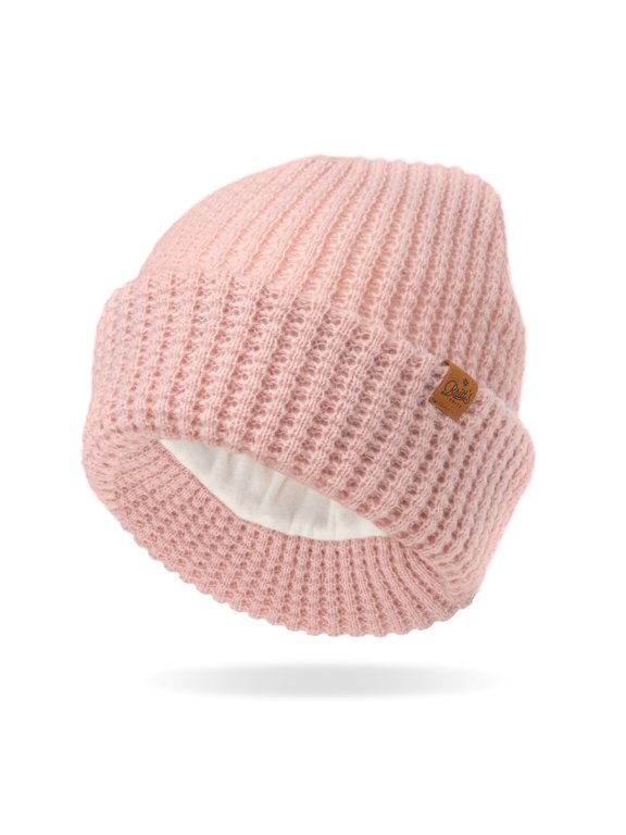 Women's Pink Juneau Waffle Knit Beanie with Fleece Lining