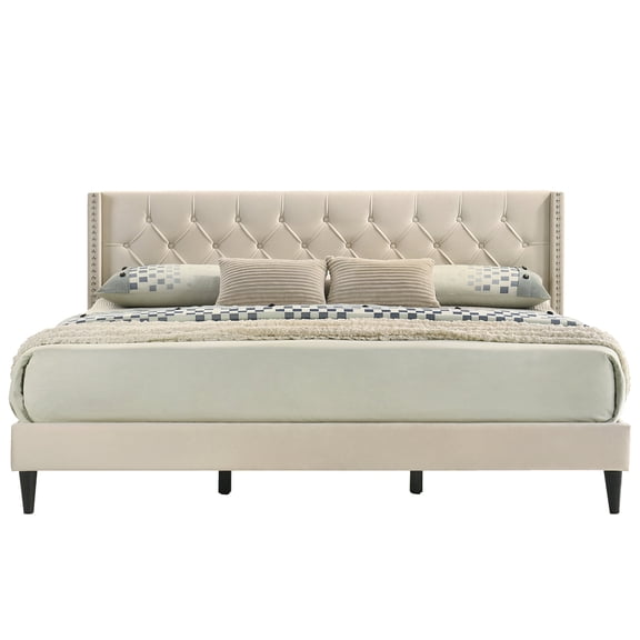 Britta King Upholstered Platform Bed with Tufted Headboard, 80" W x 83" D x 42" H