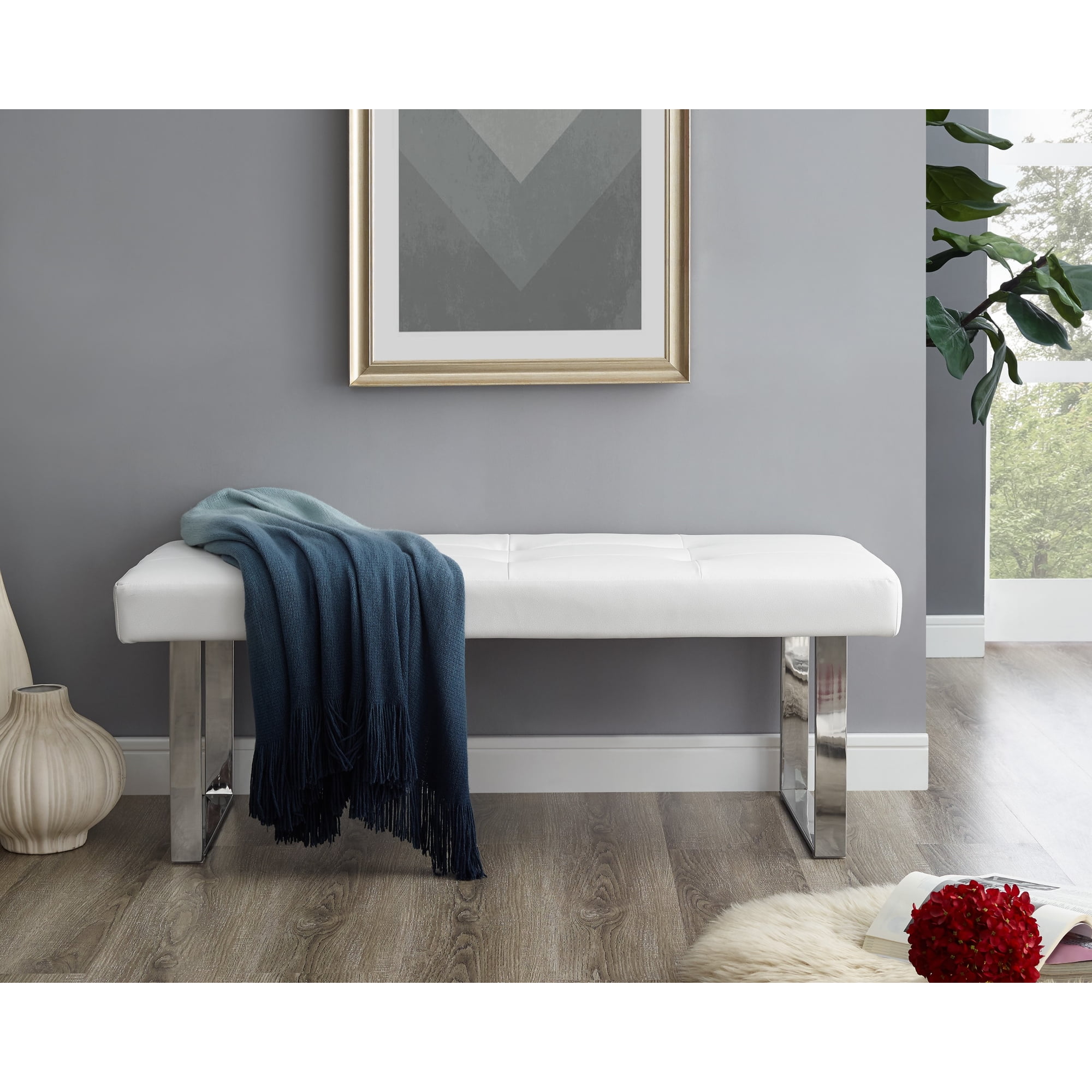 Bench Button Britta White/Chrome PU Leather Bench - Button Tufted, Chrome Square ...