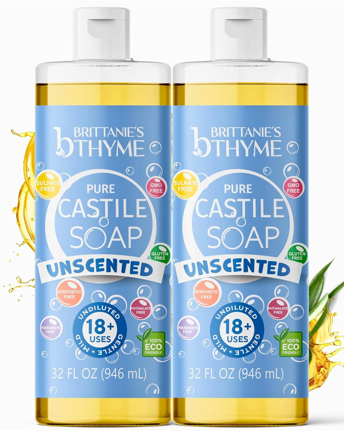 Brittanie’s Pure Castile Liquid Soap Refill, Unscented, 32 Ounce Pack of 2 | Dish Soap, Hair & Body, Home, Gentle and Pure, Made with Natural Luxurious Oils, Vegan & Gluten Free Non-GMO