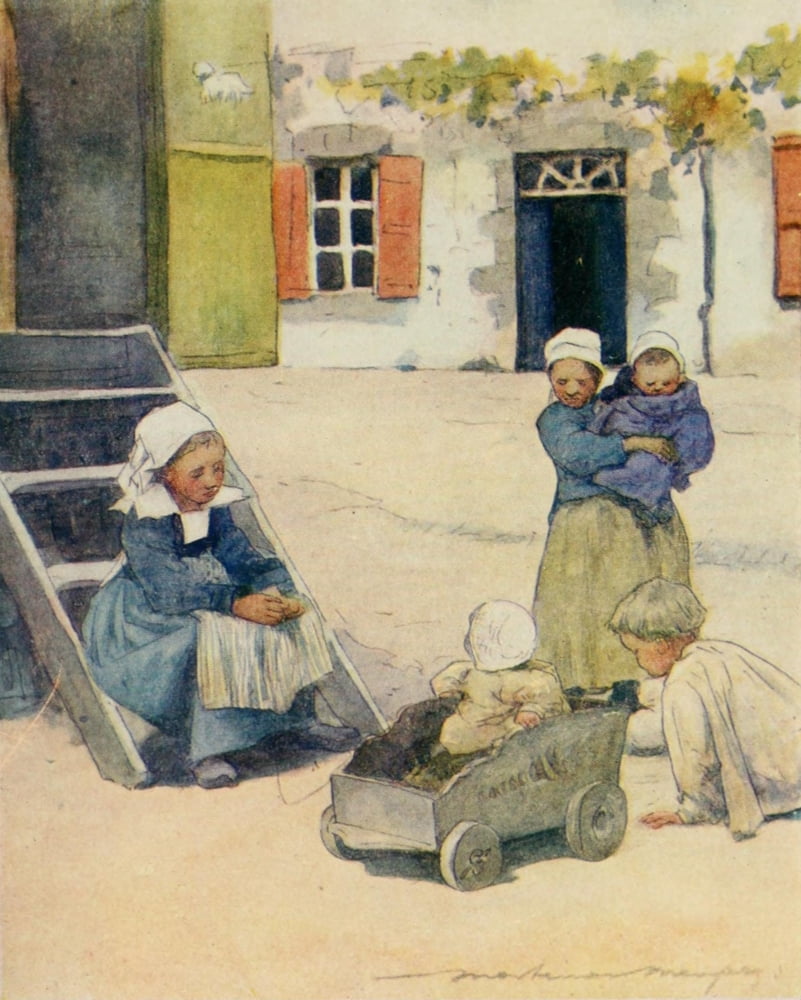 Brittany 1912 Playing on the Place Pont Aven Canvas Art - Mortimer Menpes (24 x 36)