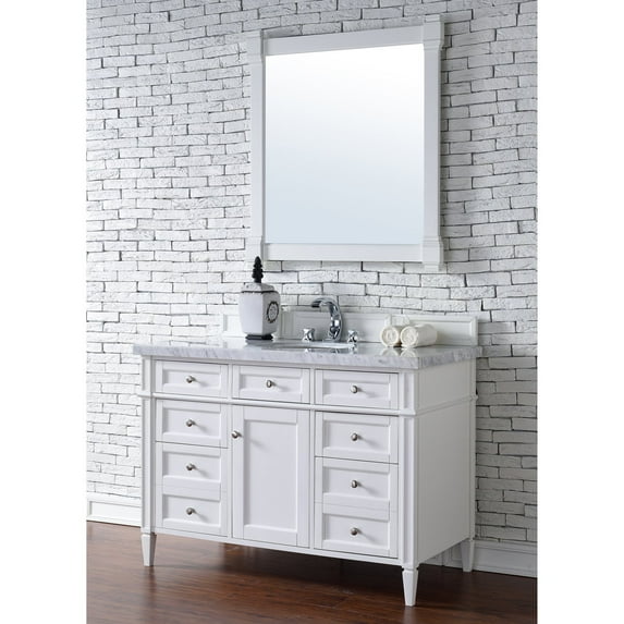 Brittany Collection 650-V48-CWH-3SNW 48 Cottage White Single Vanity with Seven Drawers One Door Tapered Legs Satin Nickel Hardware and 3 CM Snow White Quartz Top