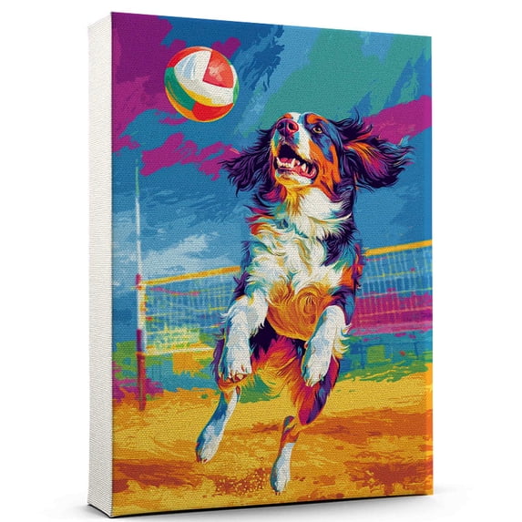 Brittany Dog Volleyball Art Stretched Canvas Size 8x12 – Brittany Dog Playing Volleyball Wall Art, Dog Lover Canvas, Sports Theme Decor for Living Room