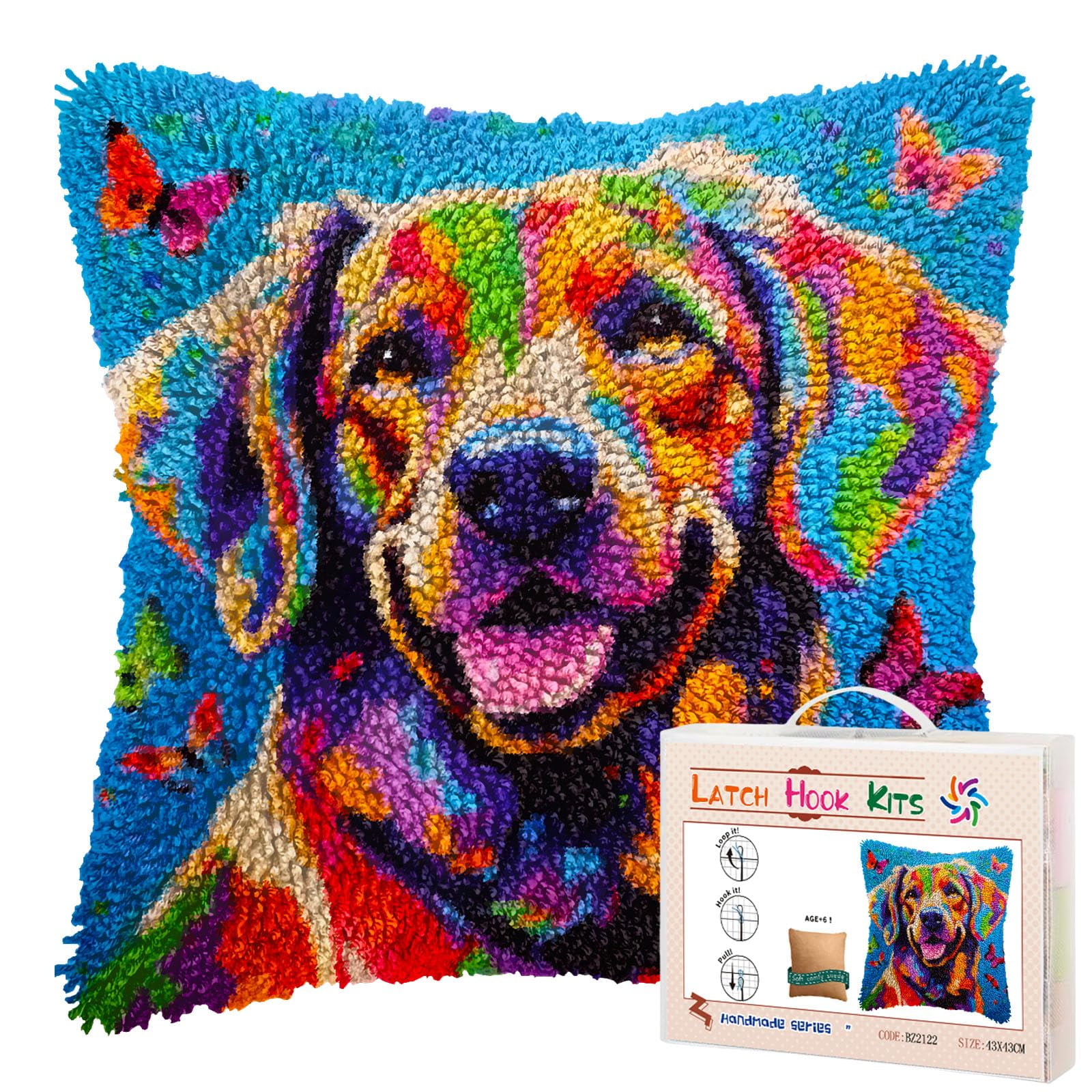 Brittany Spaniel and Colorful Butterflies DIY Latch Hook Pillow Kits for Adults Printed Pillowcase Crochet Yarns Hooking Handmade Pillow Cover Cushion for Home Sofa Decoration 17x17inch(2)