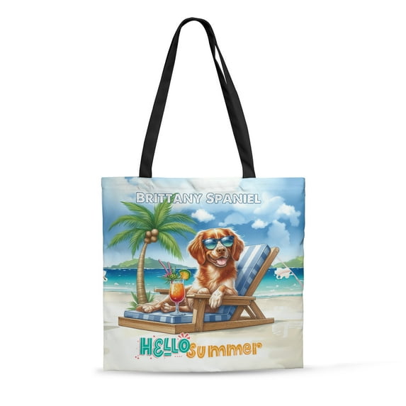 Brittany Spaniel Hello Summer Beach Theme with Sunglasses and Tropical Cocktail All Over Print 3D Canvas Tote Bag Brittany Dog Lover Gifts Idea Reusable Handbag - 00009
