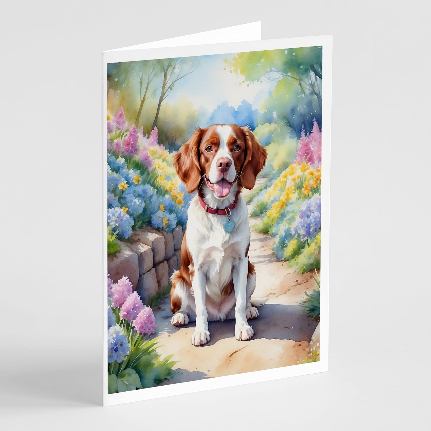 Brittany Spaniel Spring Path Greeting Cards Pack of 8 7 in x 5 in