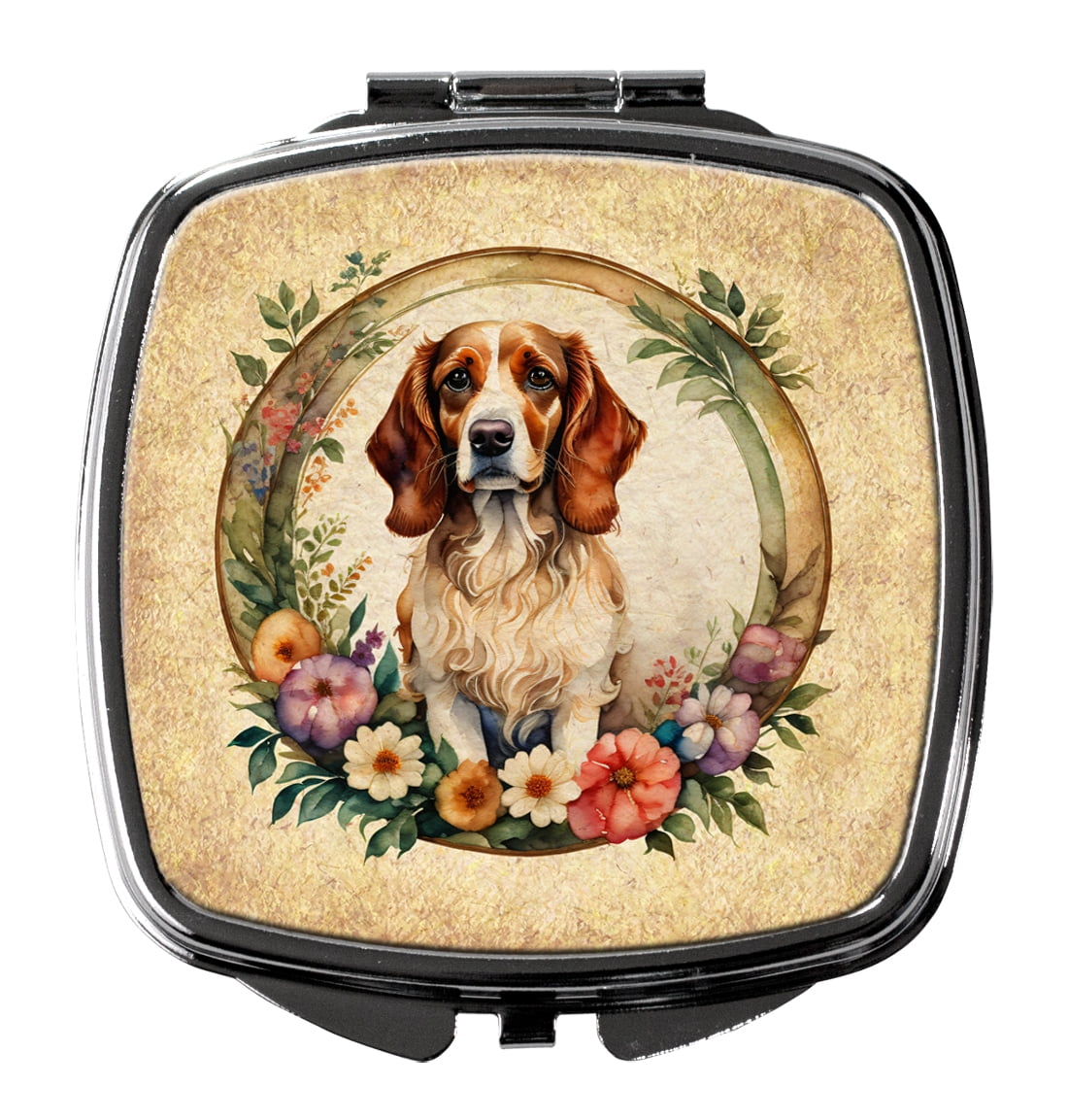 Brittany Spaniel and Flowers Compact Mirror 2.75 in x 3 in