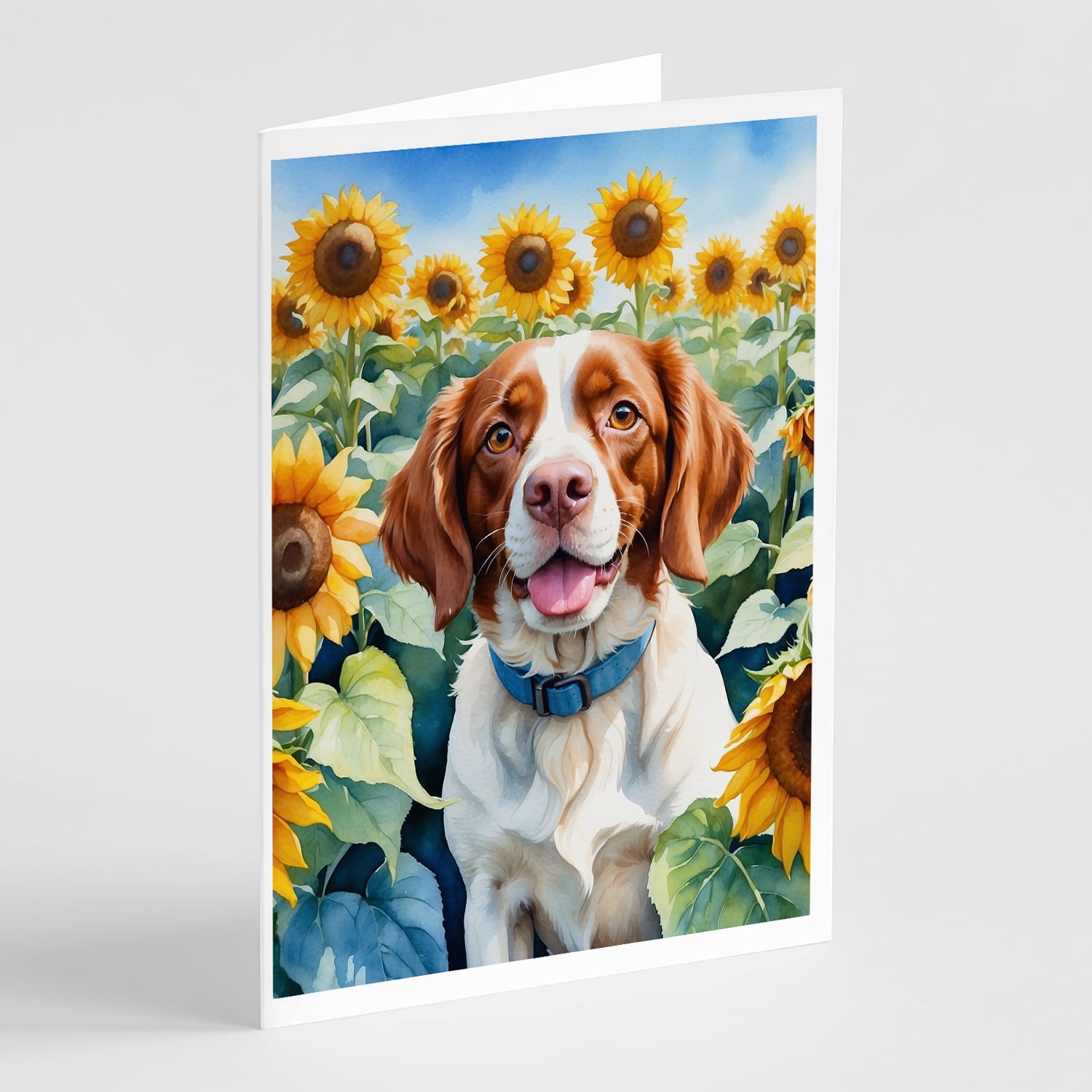 Brittany Spaniel in Sunflowers Greeting Cards Pack of 8 7 in x 5 in