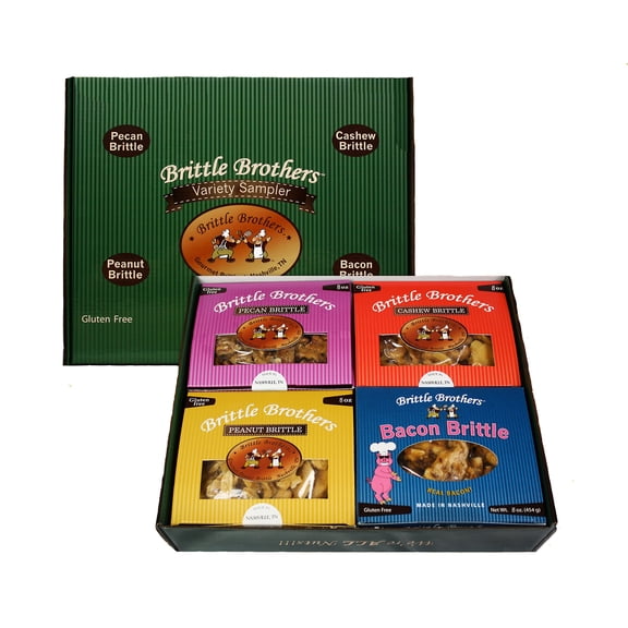 Brittle Brothers Variety Gift Set : 4-8 oz. Box Pack Voted #1 Peanut Cashew Pecan Bacon Corporate Candy Snack Birthday Sampler Christmas Mother Father