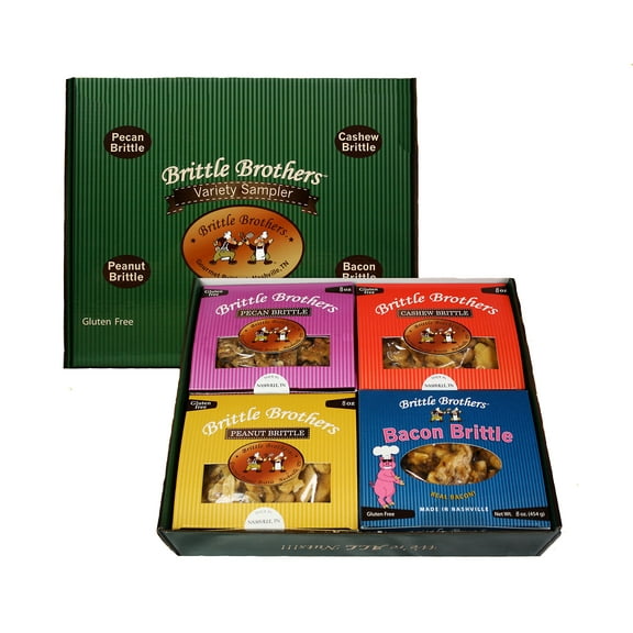 Brittle Brothers Variety Gift Set : 4-8 oz. Box Pack Voted #1  Peanut Cashew Pecan Bacon Corporate Candy Snack Birthday Sampler Christmas Mother Father