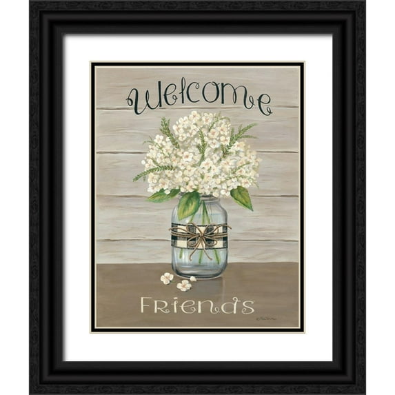 Britton, Pam 12x14 Black Ornate Wood Framed with Double Matting Museum Art Print Titled - Welcome Friends Mason Jar