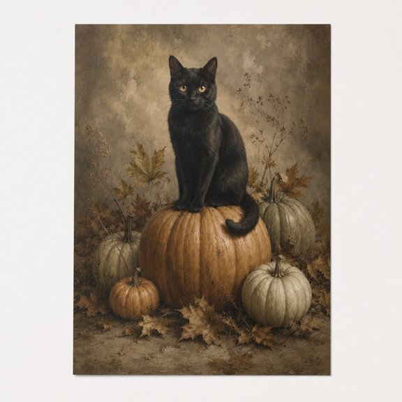 Brivelle Black cat on pumpkin autumn harvest Muted brown, cream and sage artwork palette Poster Vintage rustic gothic Seasonal home and office decor Living room or wall, 12 x 8 in
