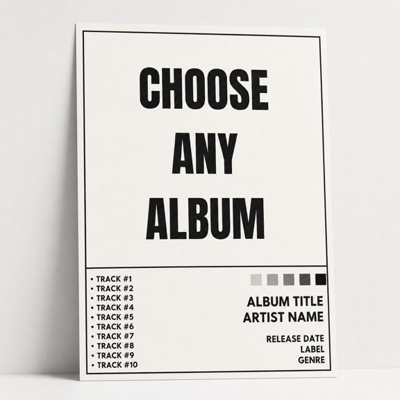 Brivelle Choose Any Album Tracklist Typography Black and Off-White Poster Music-Themed Home Office Decor Wall, 12 x 8 in