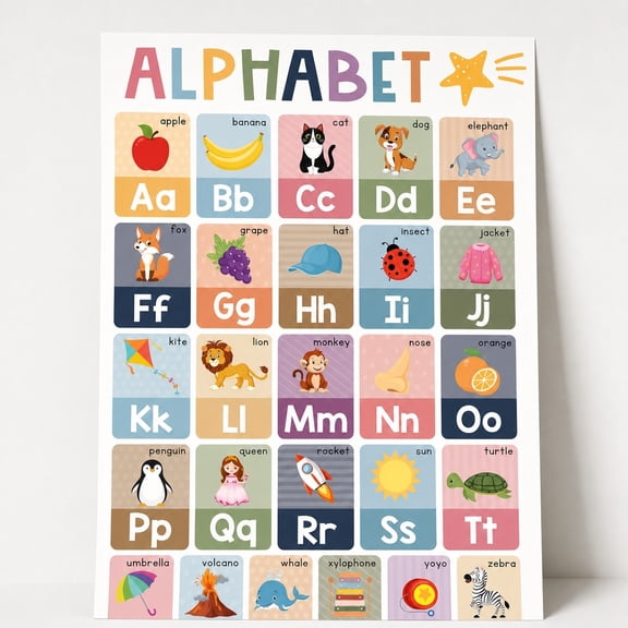 Brivelle Colorful illustrated alphabet chart Multicolor Poster Educational Study and reference decor Classroom, area and home, 12 x 8 in