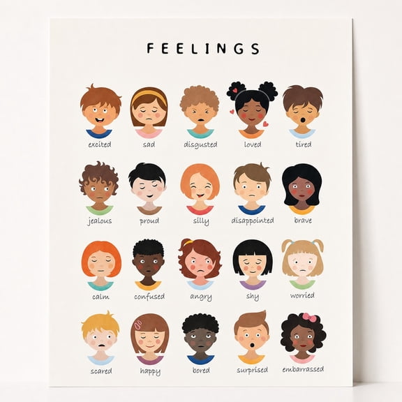 Brivelle Emotions and Feelings Illustrated Faces Poster Modern Learning and emotion recognition Office or space, 12 x 18 in