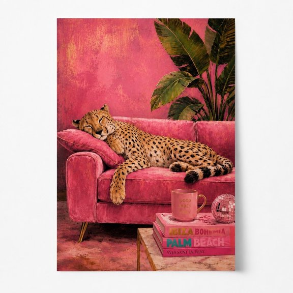Brivelle Glam Cheetah Pink Sofa Tropical Decor Poster, 12 x 8 in