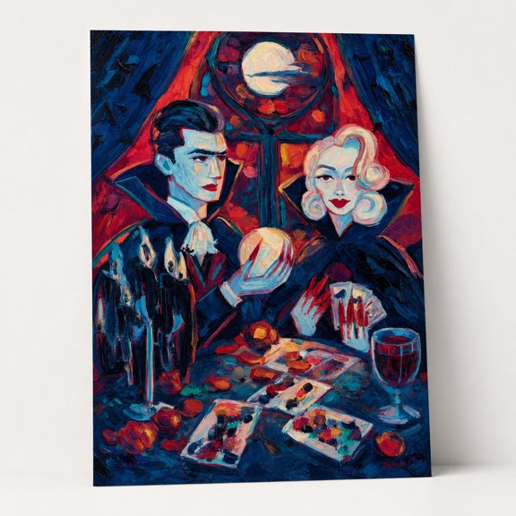 Brivelle Gothic vampire couple at a card table beneath a full moon Dark blue, red and teal artwork palette Poster fantasy Decor Living room or office, 12 x 8 in